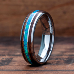 Men's or Women's Tungsten Wedding Band With Opal and Koa Wood / Barrel Design: 6mm Width, Comfort Fit