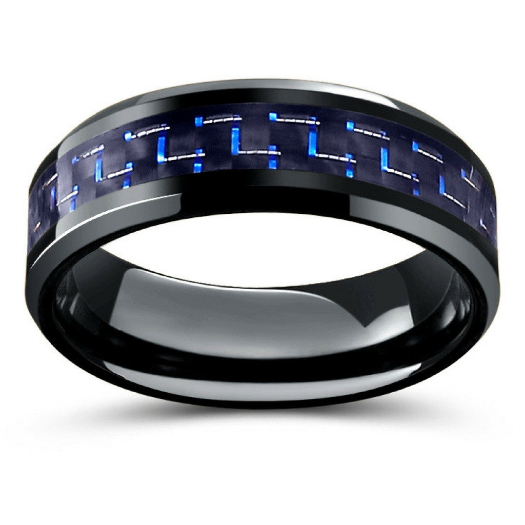 Black Tungsten Carbide Ring With Blue & Black Carbon Fiber Inlay