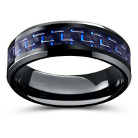 Black Tungsten Carbide Ring With Blue & Black Carbon Fiber Inlay