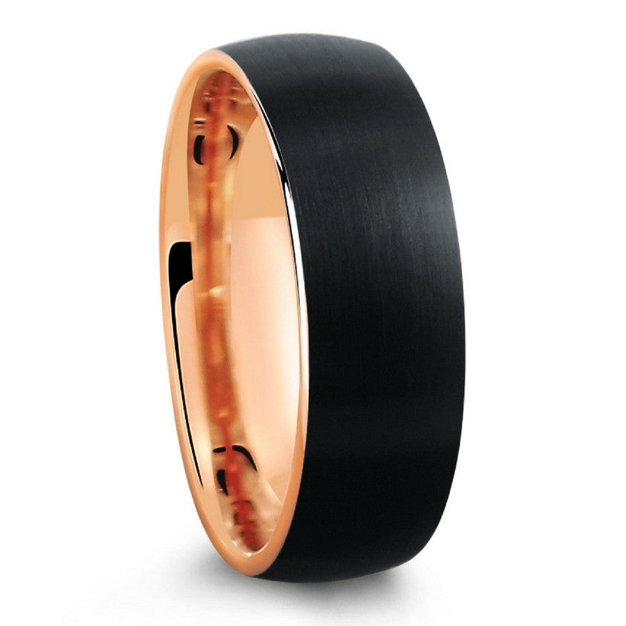 BLACK BRUSHED TUNGSTEN RING WITH ROSE GOLD INTERIOR