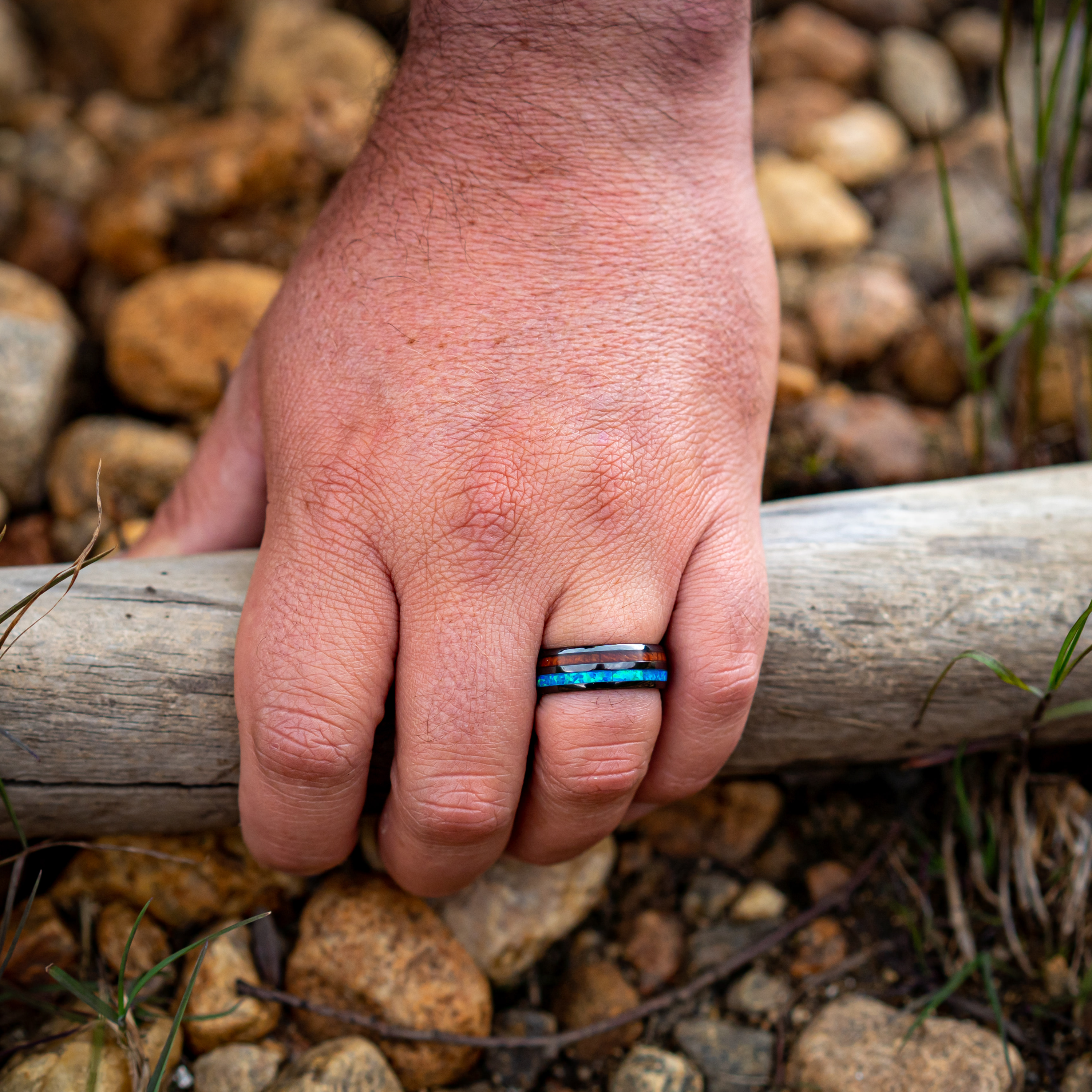 Men's Black Plated Ceramic Wedding Band With Opal and Koa Wood