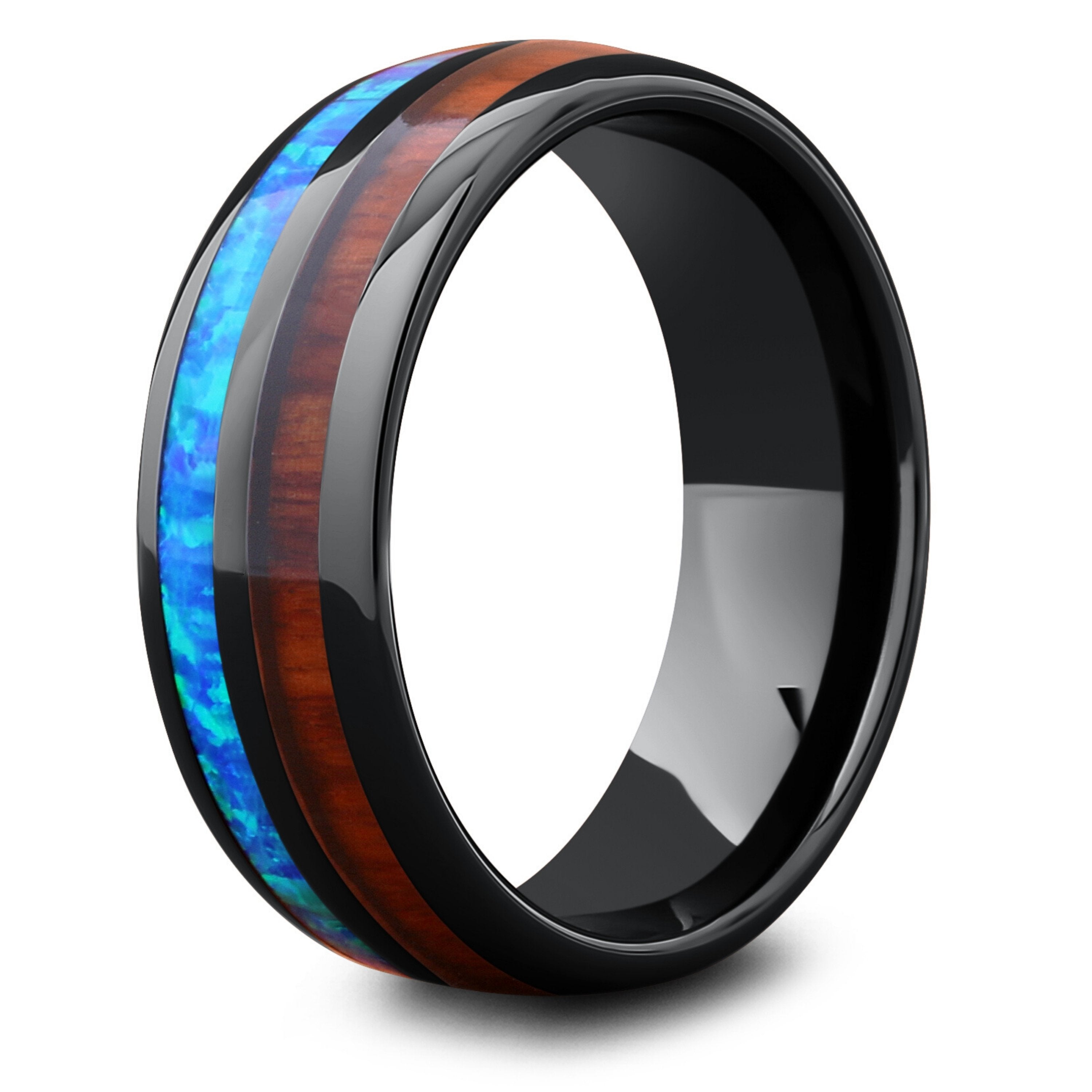 Men's - Wood / Blue Opal - Black Ceramic/Zirconium Koa Wood Wedding Band: 8mm Comfort Fit
