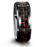 8mm Mens Black Tungsten Wedding Band With Black & Red Carbon Fiber Inlay