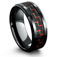 8mm Mens Black Tungsten Wedding Band With Black & Red Carbon Fiber Inlay