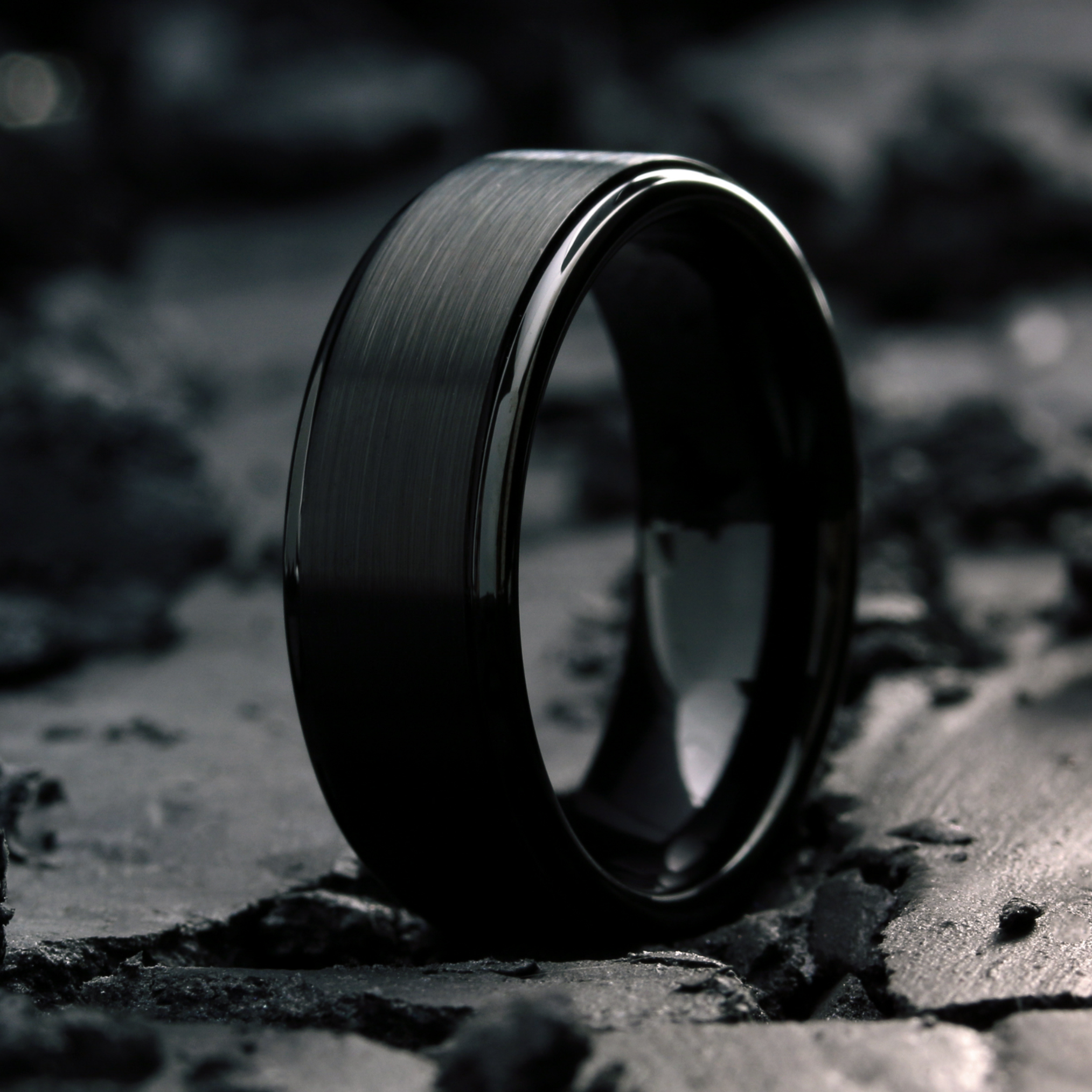 Men's Black Tungsten Wedding Band With Brushed Textured Top