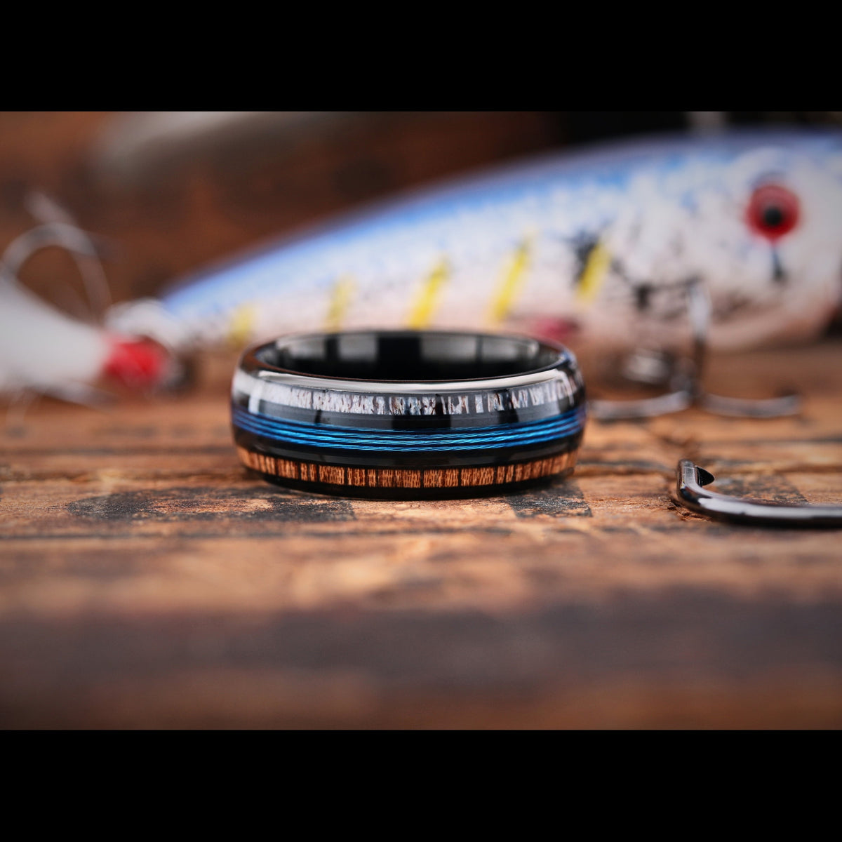 Men's Black Tungsten Wedding Band Crafted Out Of Blue Fishing Line, Wood, and Antler