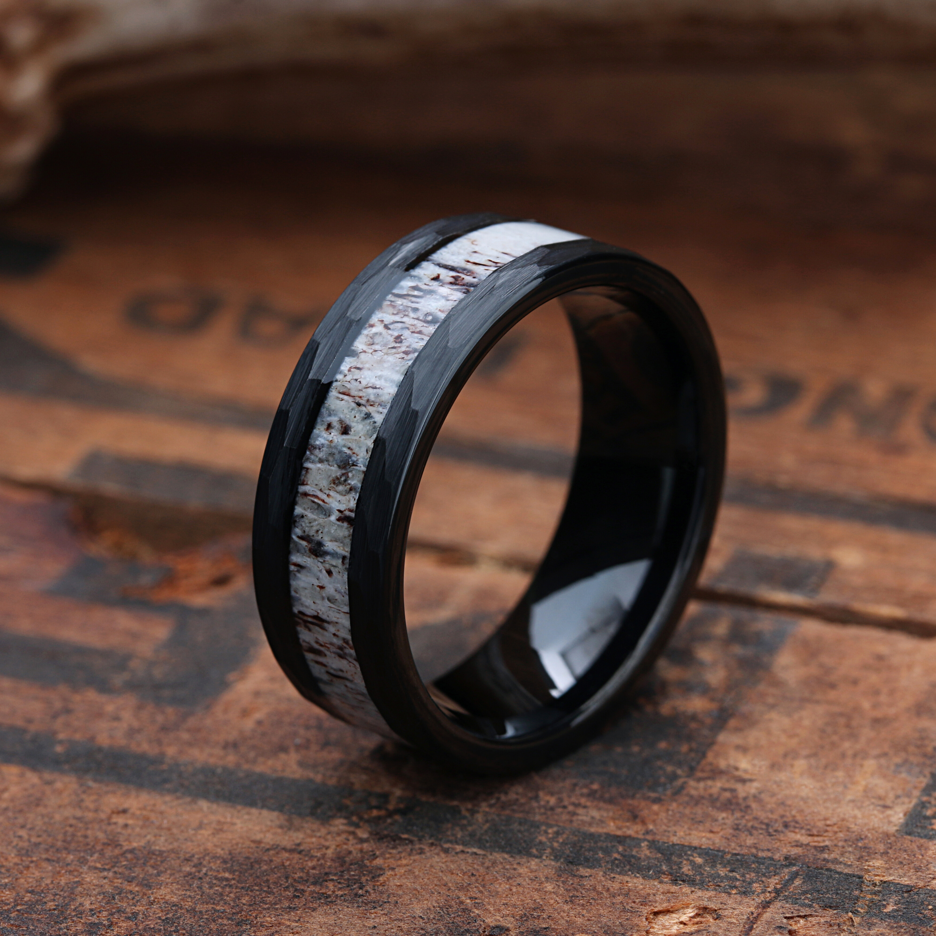 Men's Black Hammered Antler Ring 