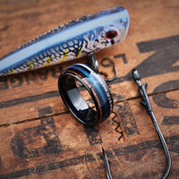 Men's Black Tungsten Wedding Band With Blue Fishing Line, Antler, and Wood 