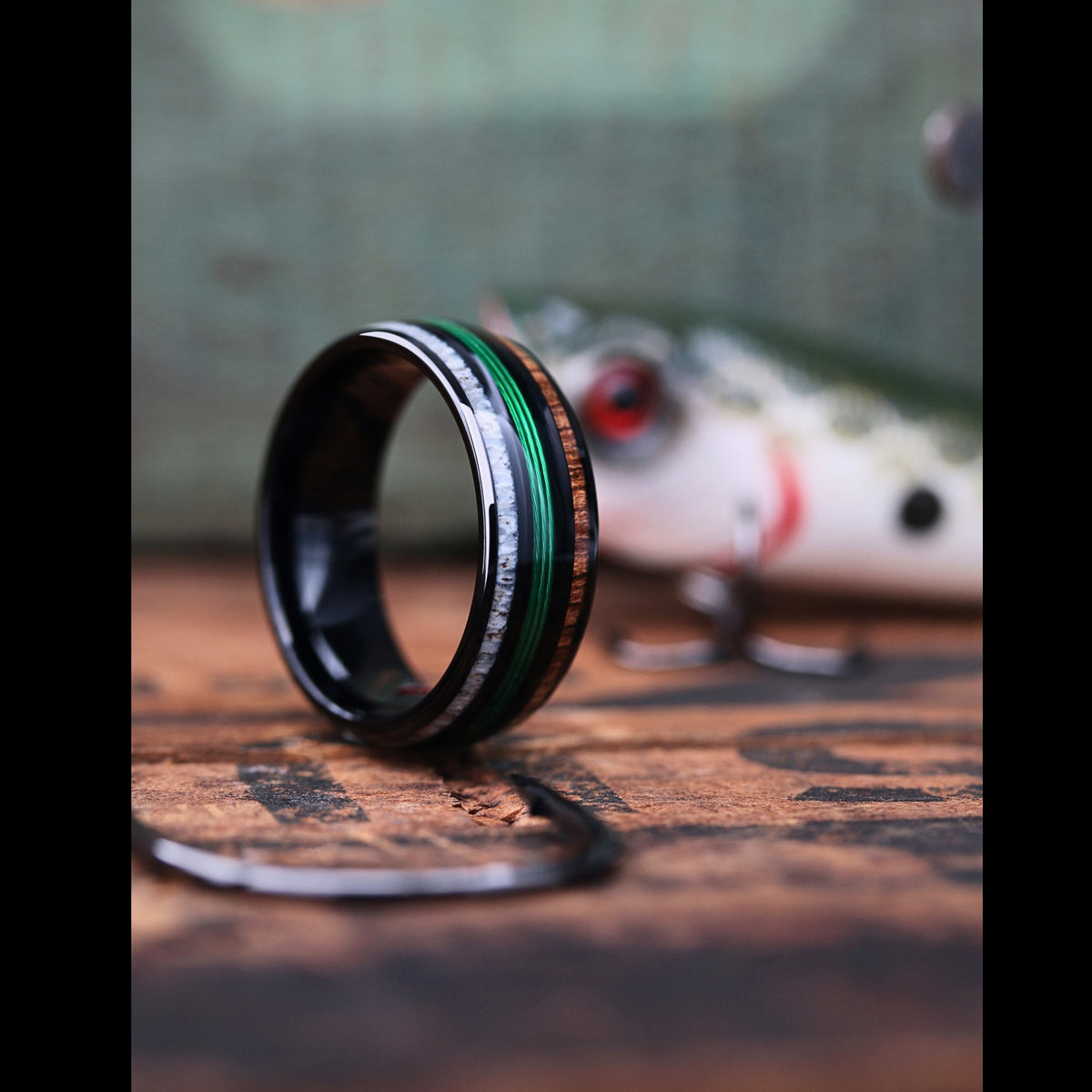Men's Black Wedding Band With Green Fishing Line, Antler, and Wood - Tungsten Carbdie