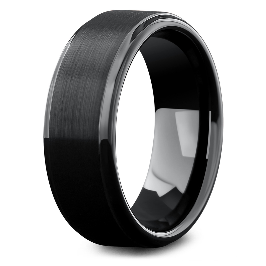 Men's Black Wedding Band With Step Down Edges - High Tech Ceramic 2