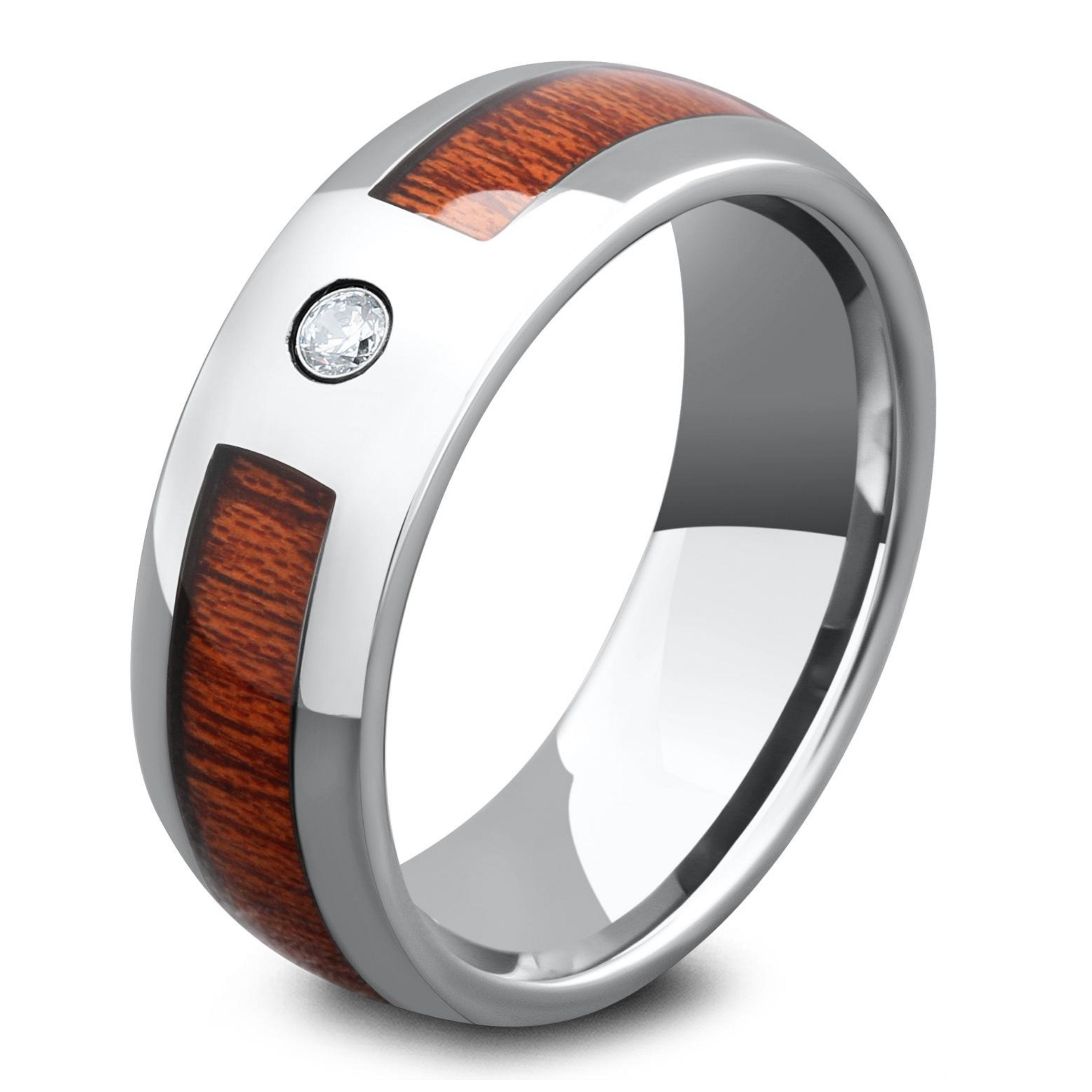 Mens Silver Tungsten Wood Diamond Ring