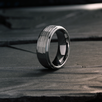 Men's Hammered Tungsten Wedding Band With Step Down Polish Edges