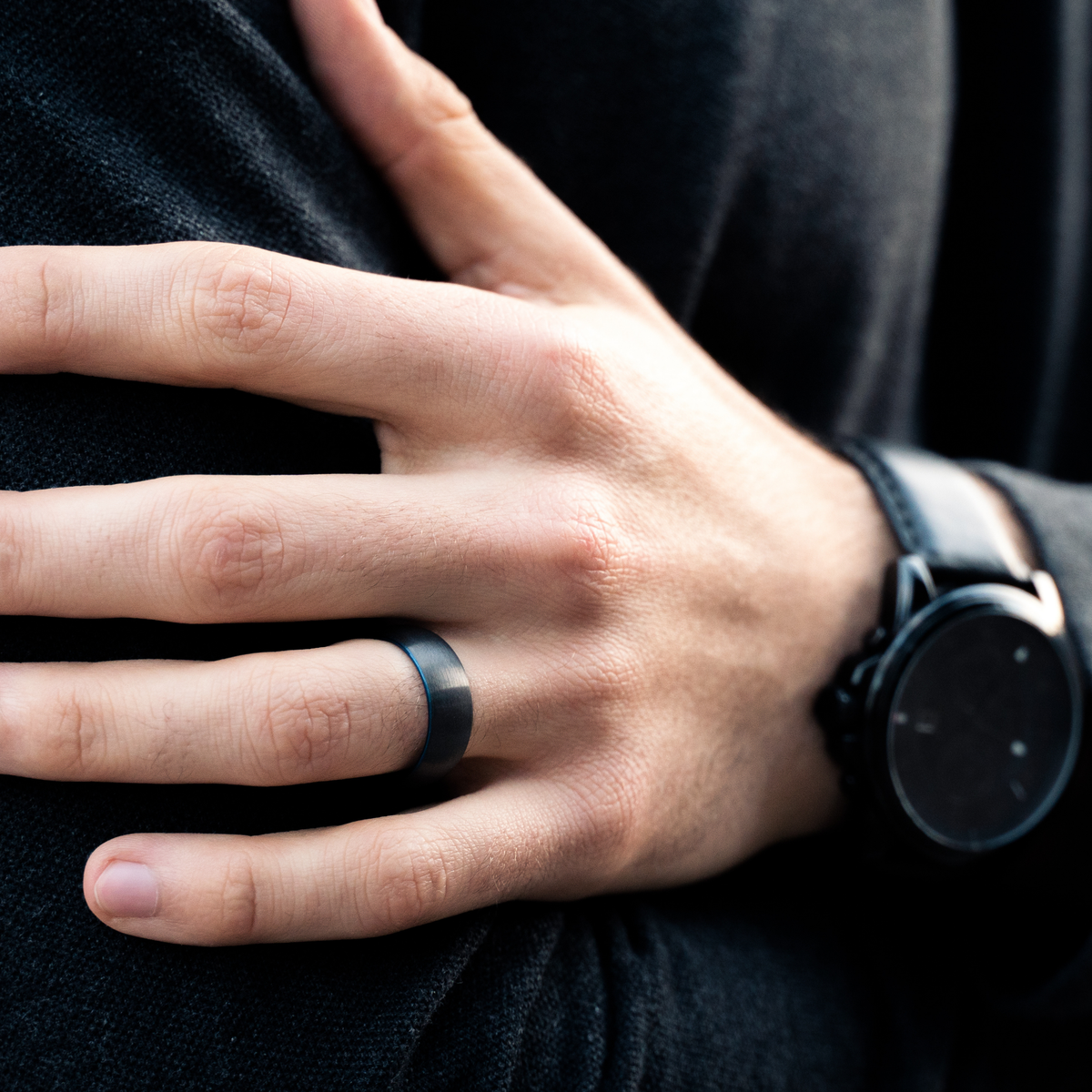 Men's Modern Black and Blue Wedding Band 2