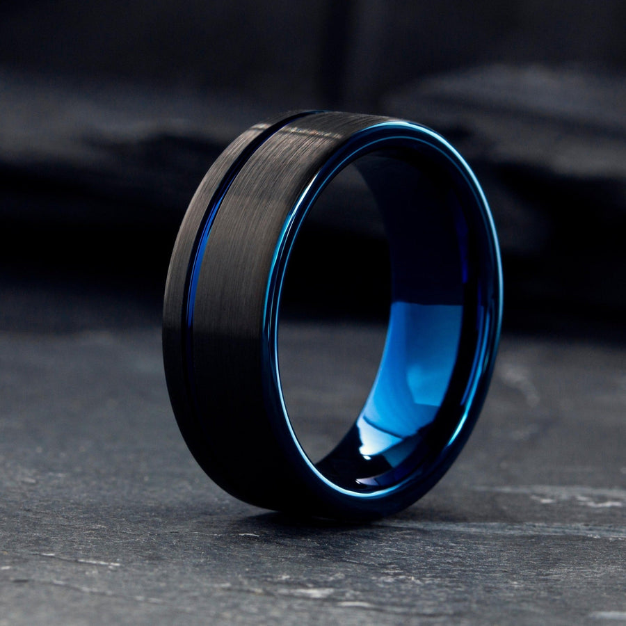 Men's Black and Blue Wedding Ring With Offset Blue Channel