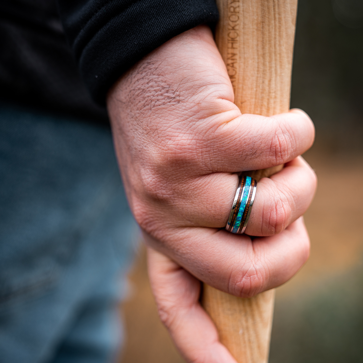 Mens Wedding Ring - Men's Opal and Wood Wedding Ring