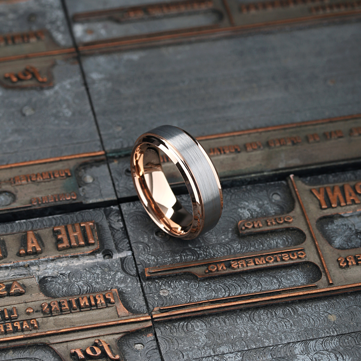 18K Rose Gold Tungsten Ring With Silver Brushed Center