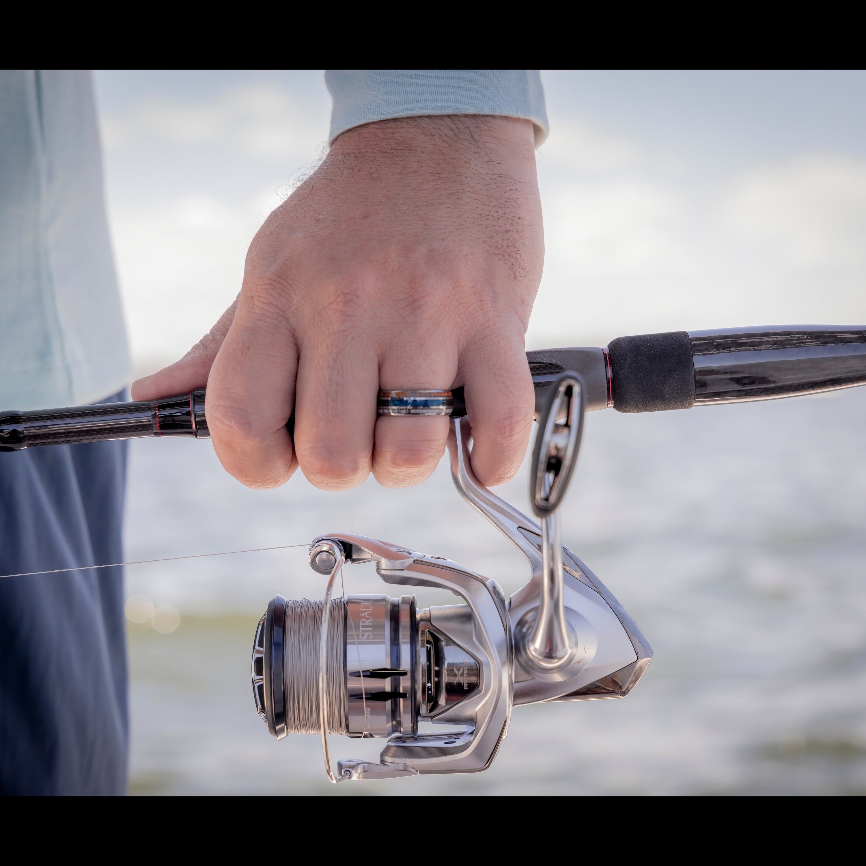 Men's Blue Fishing Line Ring Made Out of Deer Antler, Wood, and Fishing Line
