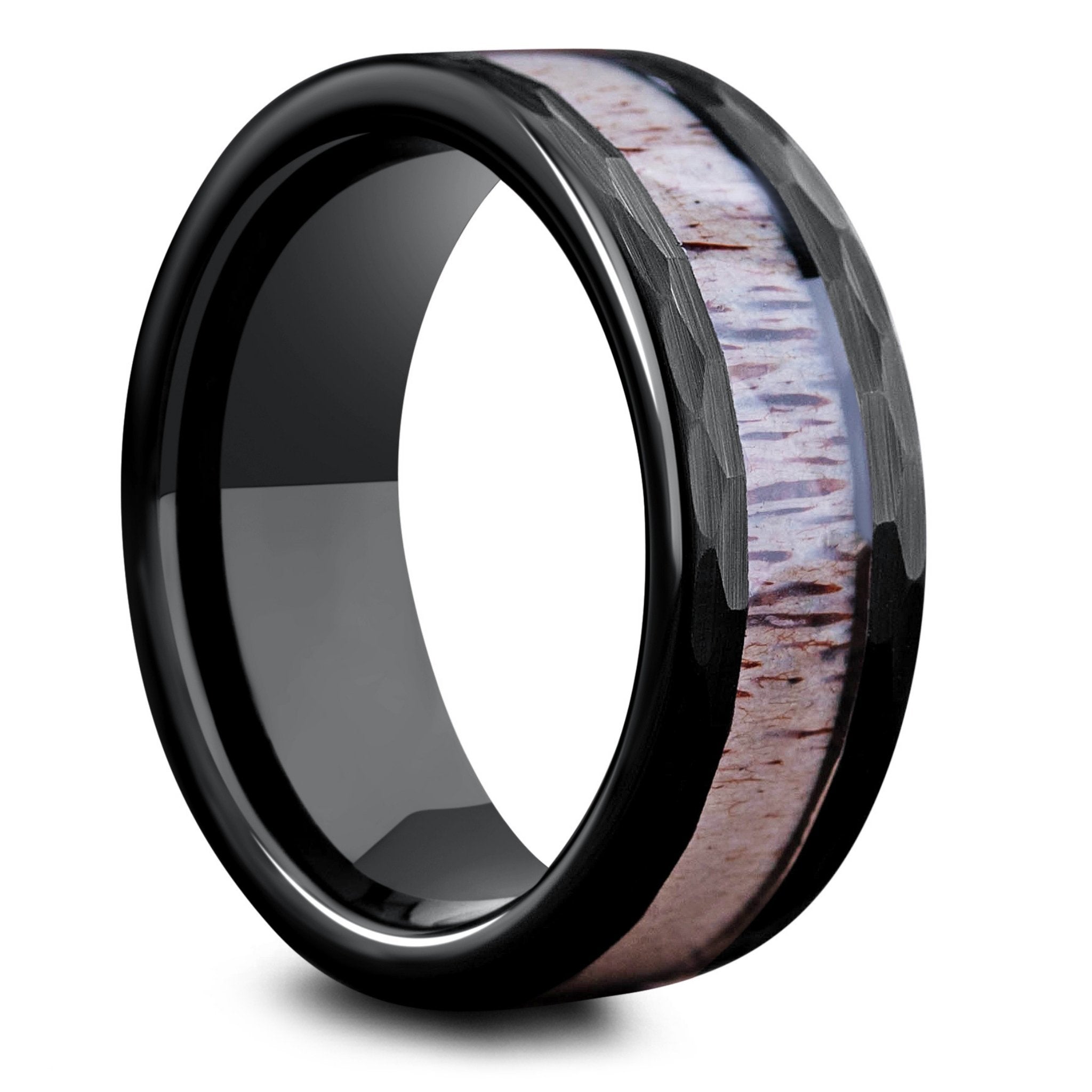 Hammered Black Ring With Deer Antler