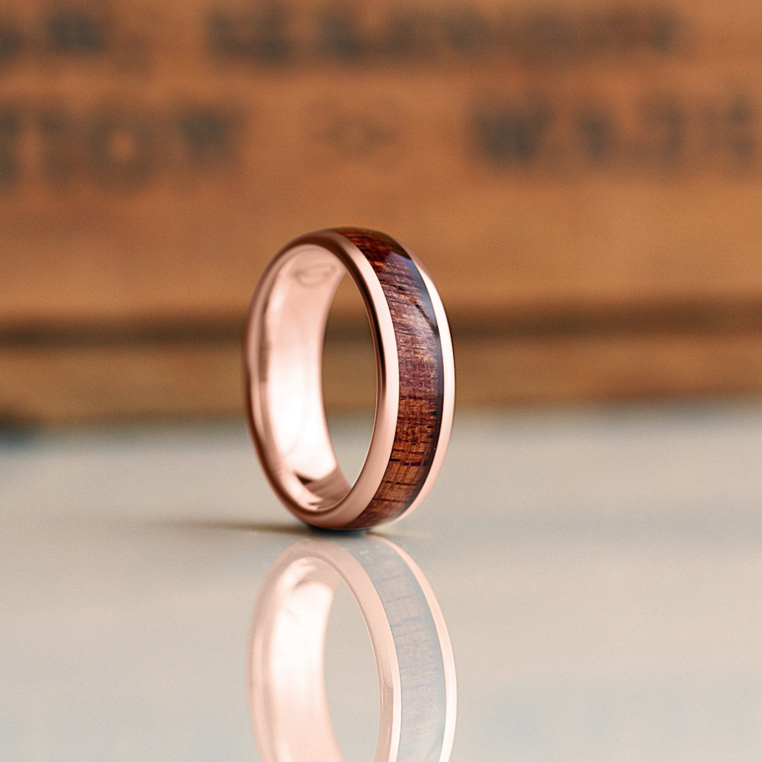 Men's Rose Gold Wedding Band With a Wood Inlay - 7mm Ring 