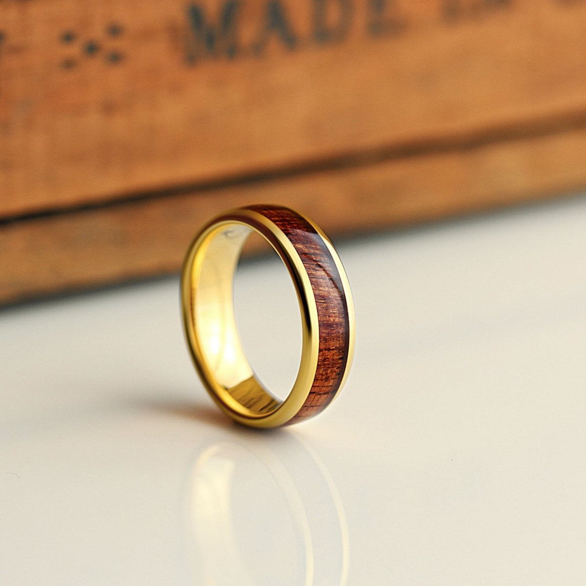 Mens Yellow Gold Tungsten Wooden Wedding Band