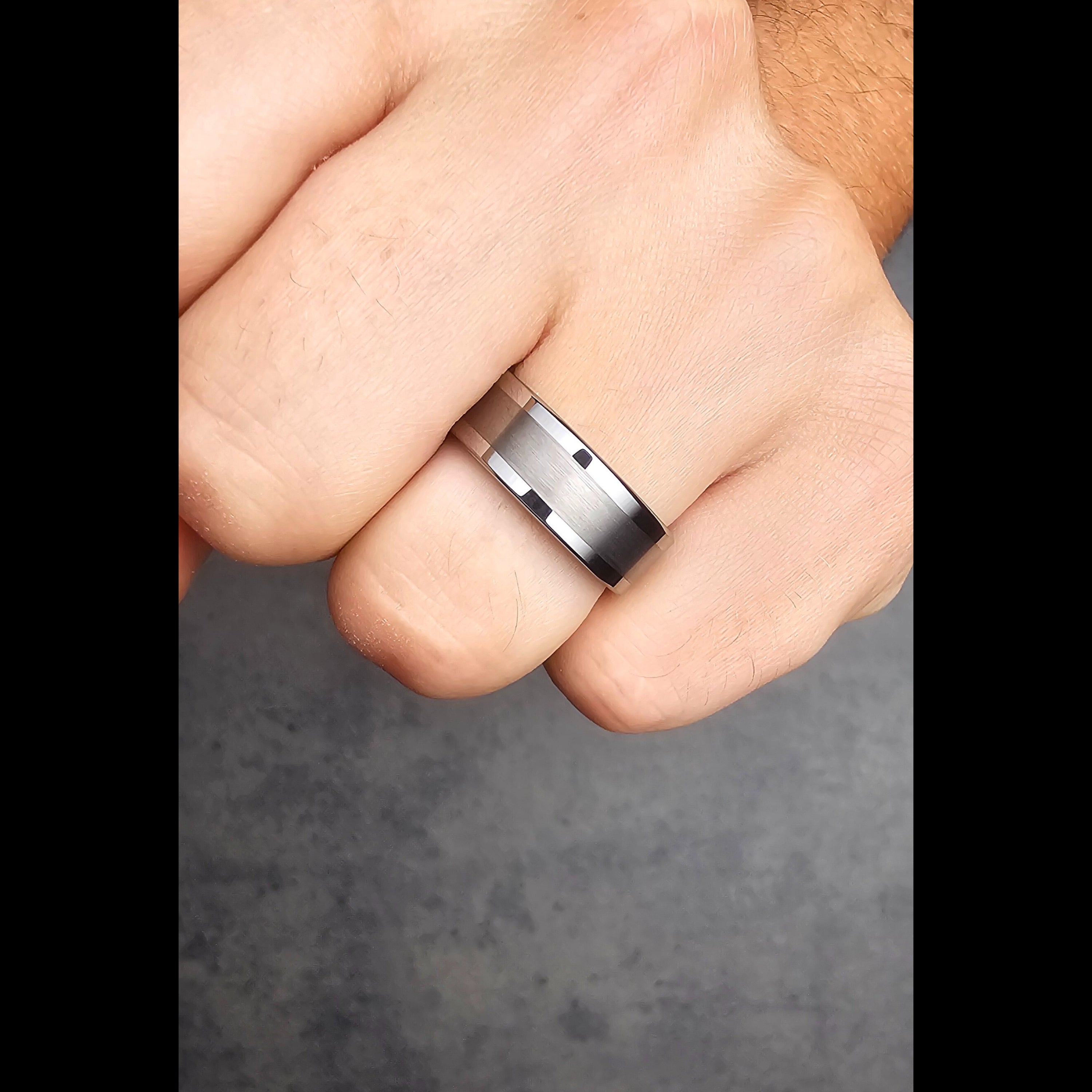 Pipe Cut Silver - Men's Silver Tungsten Wedding Band With Brushed Center and Polished Edge: Pipe Cut, Comfort Fit, 8mm