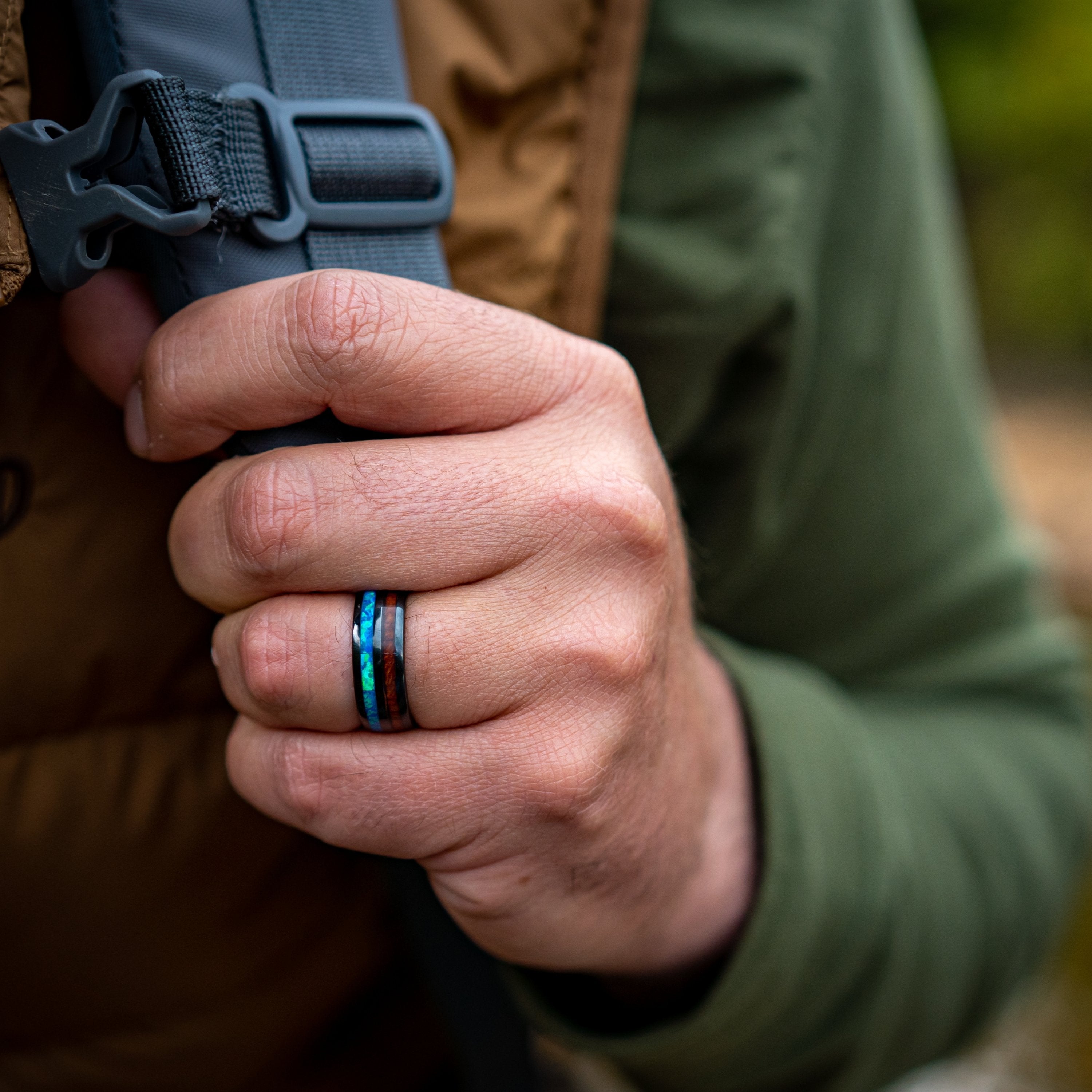 Men's Black Plated Ceramic Wedding Band With Opal and Koa Wood
