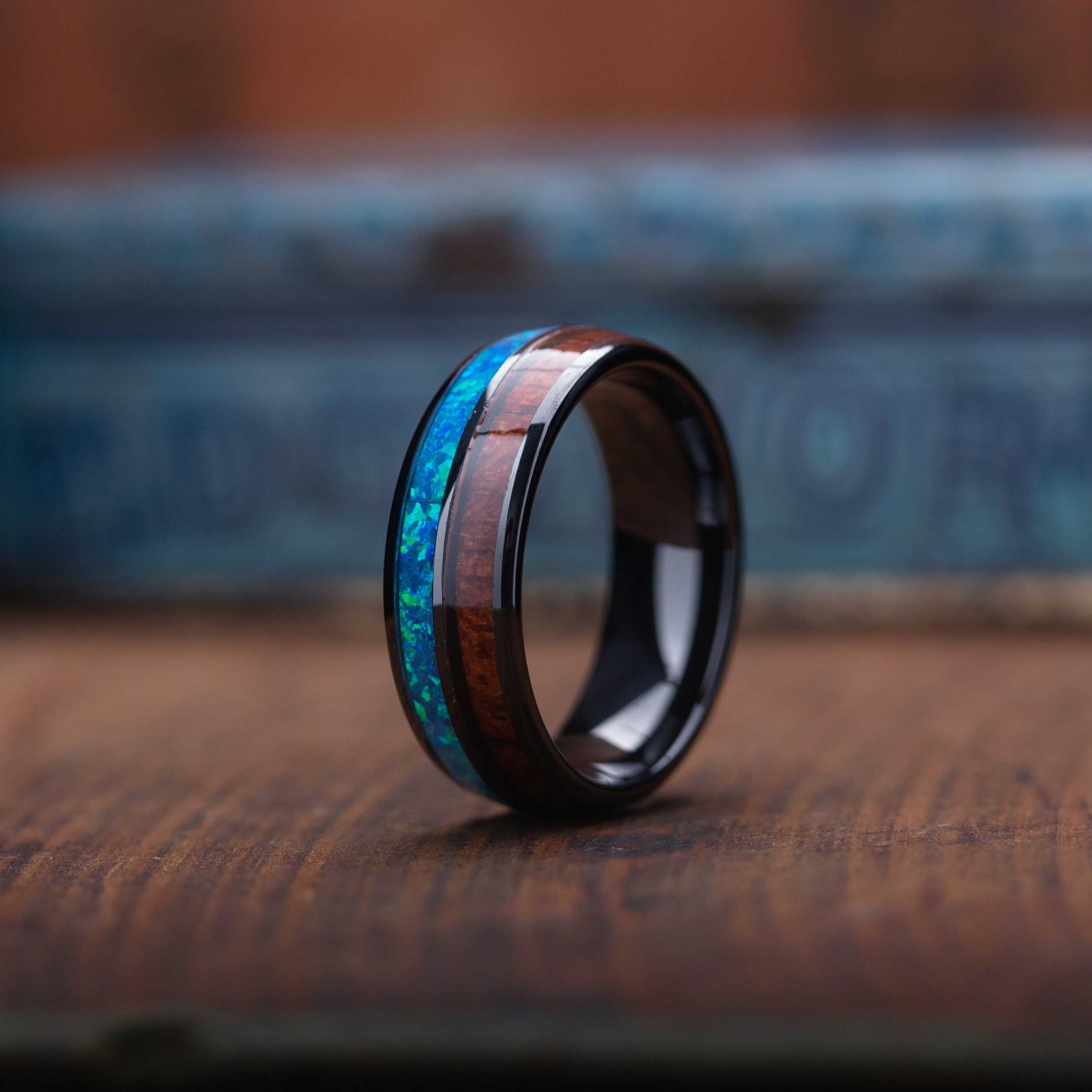 Men's Wooden Opal Barrel Wedding Band With Koa Wood