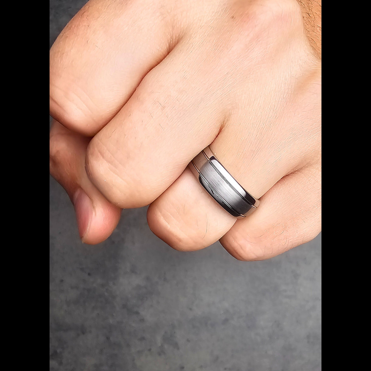 The Gatsby - Men's Silver Tungsten Wedding Band With Brushed Center and Polished Outside Edges with Double Grooves:8mm, Comfort Fit