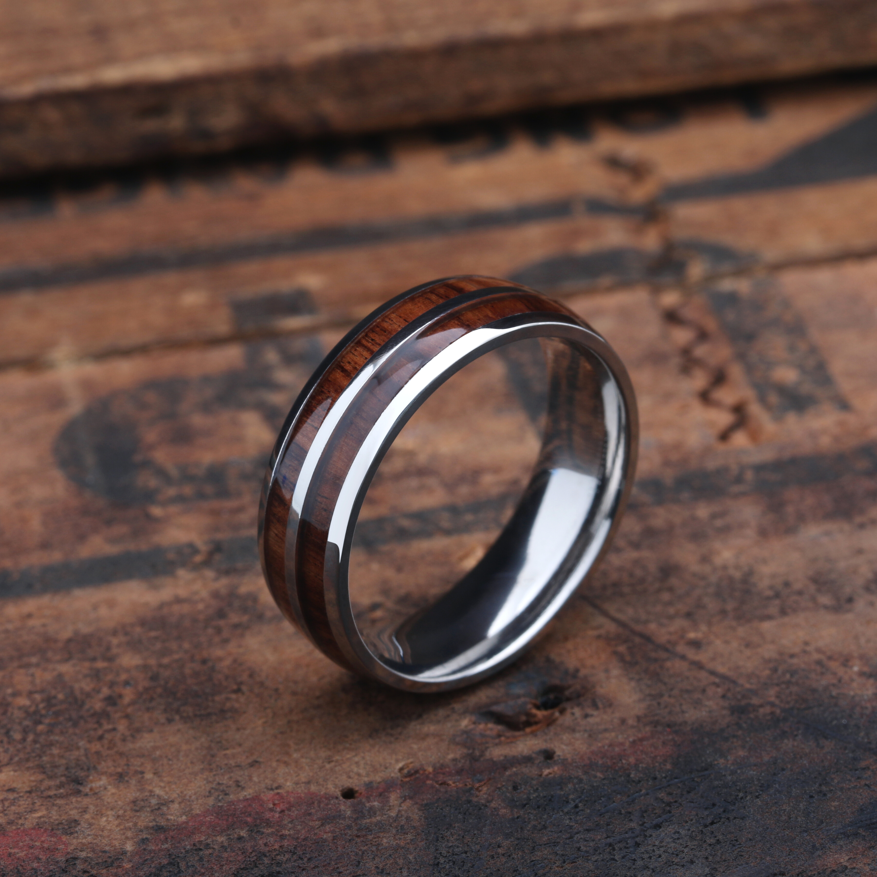 Men's Titanium Whiskey Barrel Ring - Koa Wood