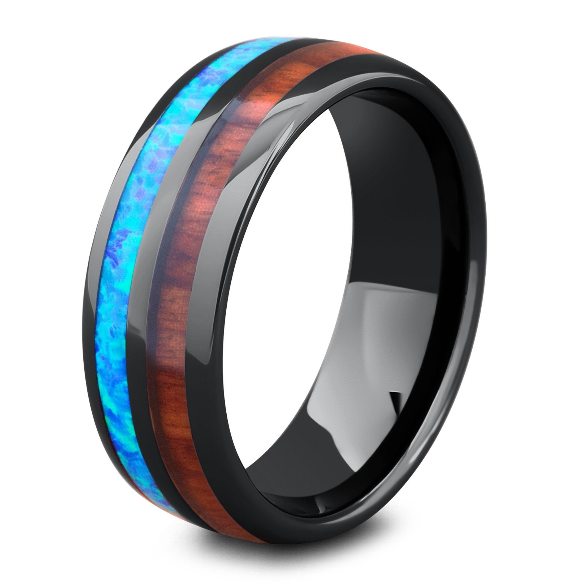 Men's Black Plated Ceramic Wedding Band With Opal and Koa Wood