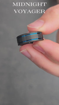 The Midnight Voyager - Men's Black Plated Tungsten Wedding Band With Double Blue Channel and Brushed Texture Finish