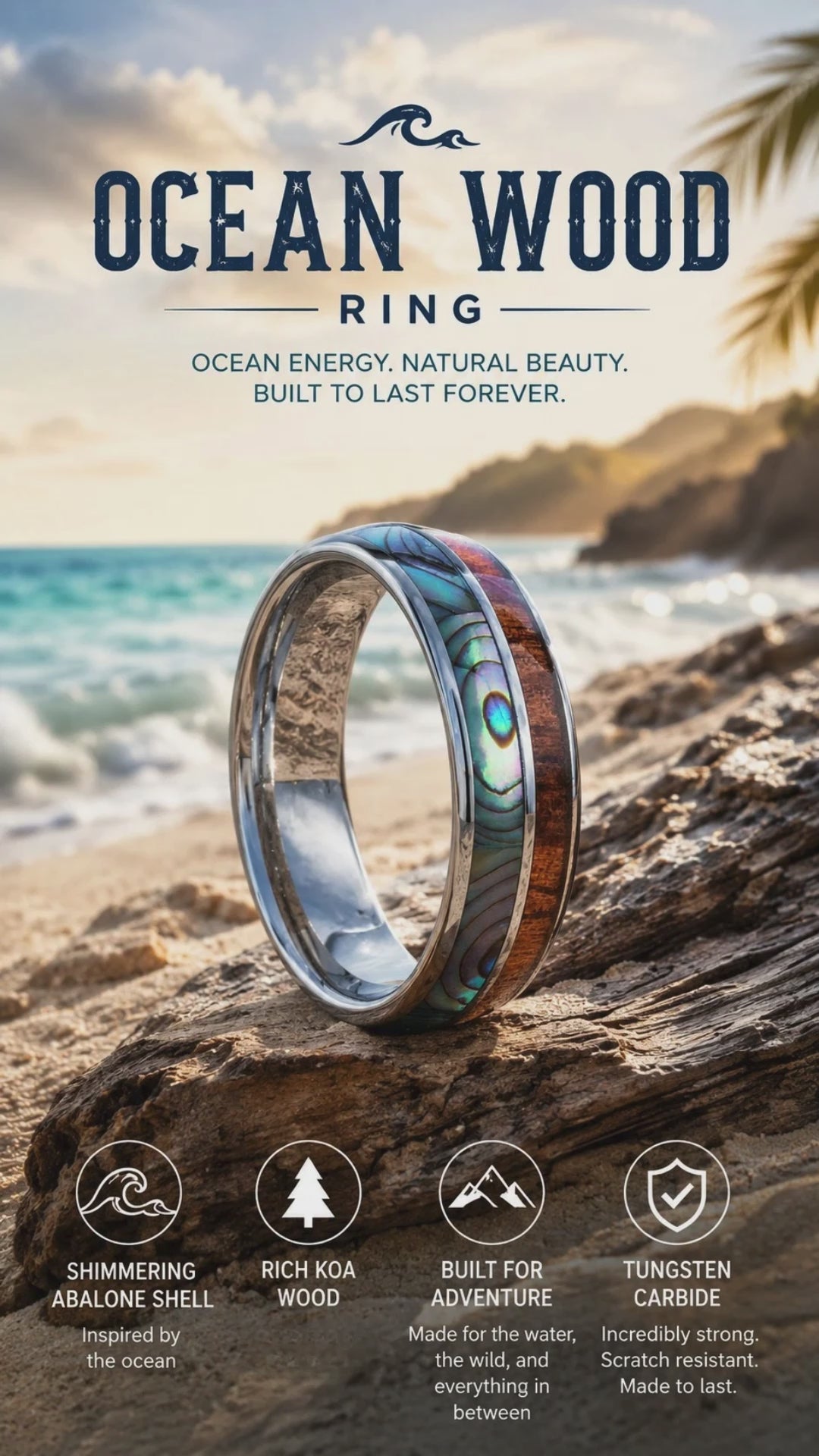 Men's and Women's Ocean Wood Ring Made of Wood and Abalone