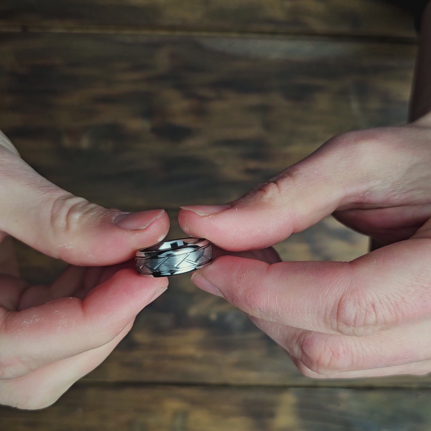 Men's Silver Tungsten Wedding Band With Carved Grooves